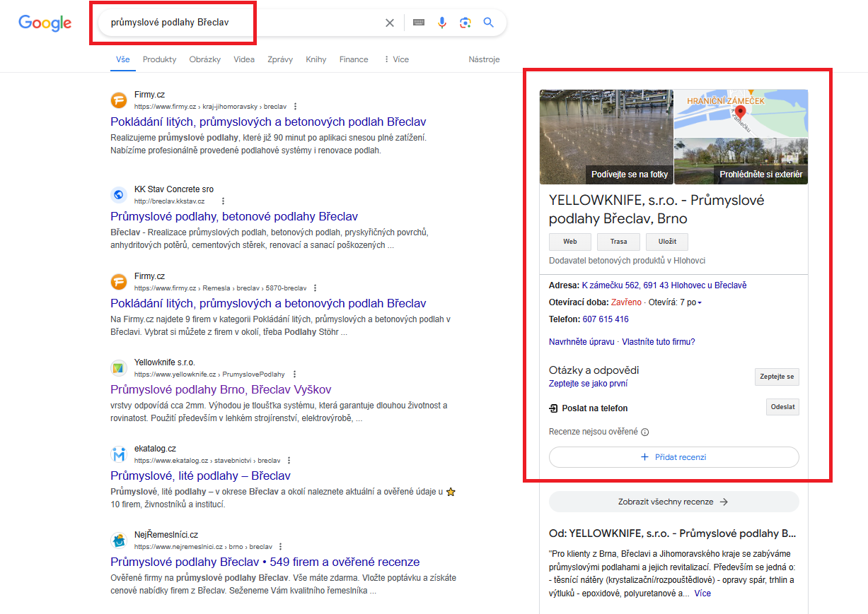 Prumyslove podlahy Breclav - firemni zapis na Google